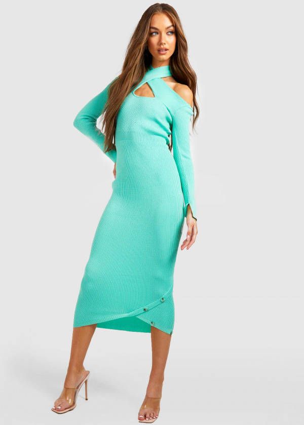 boohoo Geribbelde Gebreide Premium Cut Out Midaxi Jurk Met Knopen, Mint