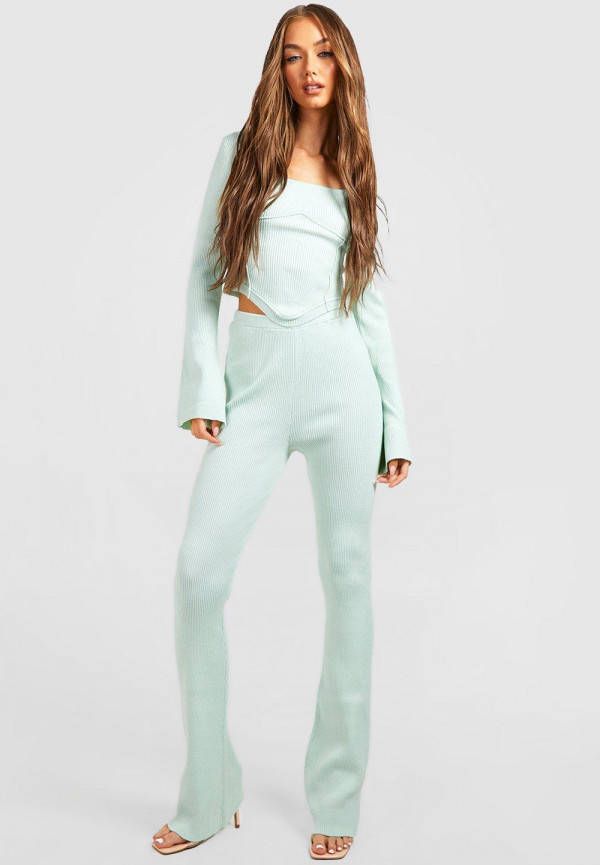 boohoo Geribbelde Gebreide Premium Korset Top En Leggings Set, Sage Silver