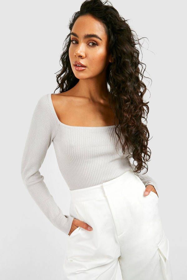 boohoo Geribbelde Gebreide Trui Met Vierkante Hals, Silver