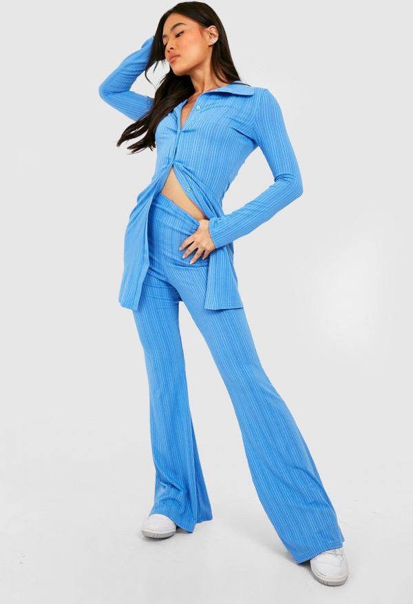 boohoo Geribbelde High Waist Broek, Blue