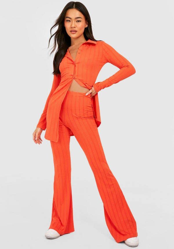 boohoo Geribbelde High Waist Broek, Red