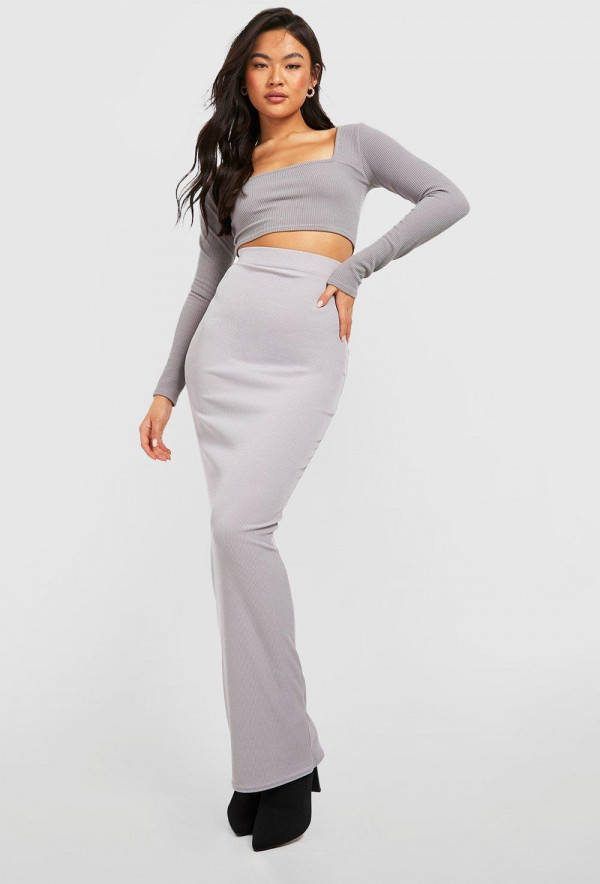 boohoo Geribbelde Lange Basic Maxi Rok, Off White