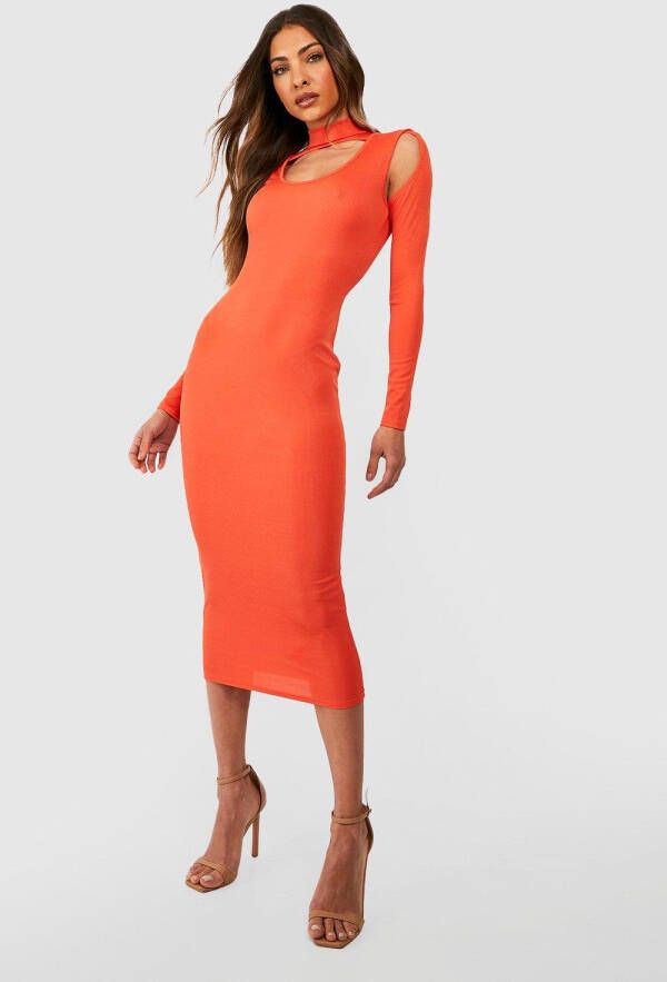 boohoo Geribbelde Midi Jurk Met Hoge Hals, Orange
