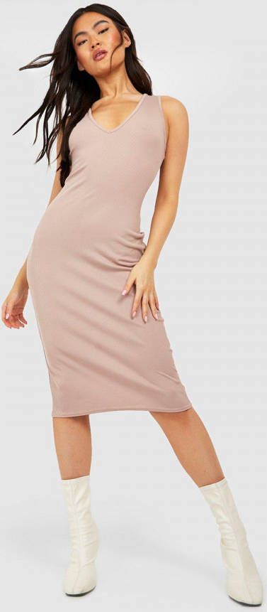 boohoo Geribbelde Midi Jurk Met Laag Decolleté,, Stone