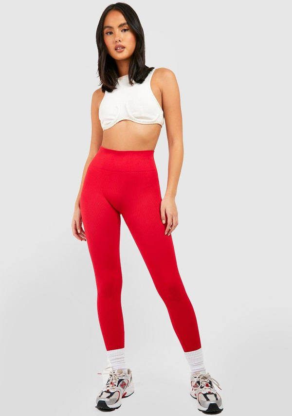 boohoo Geribbelde Naadloze High Waist Leggings, Red