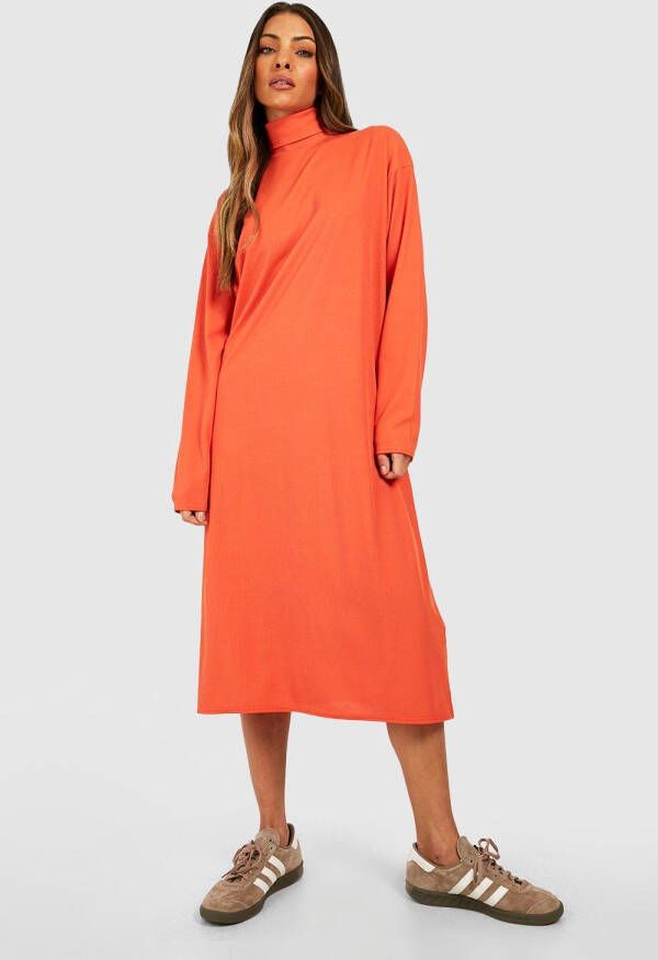 boohoo Geribbelde Trui Jurk Met Hoge Hals, Orange