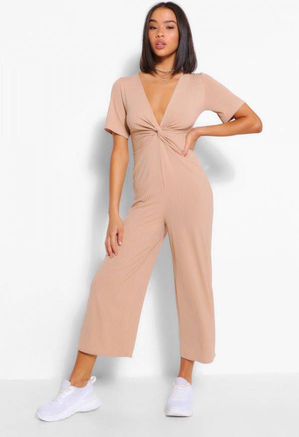 boohoo Geribbelde Gedraaide Culotte Jumpsuit, Steenrood