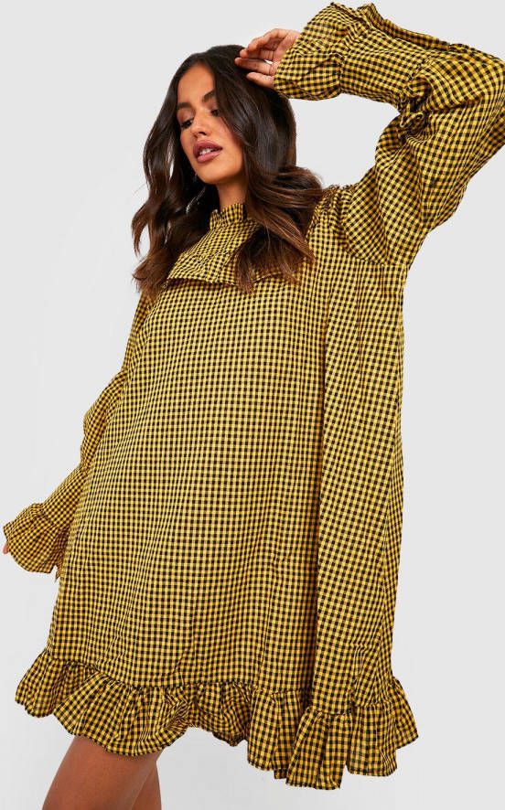 boohoo Geruite Gesmokte Jurk Met Geplooide Zoom En Hoge Hals, Mustard