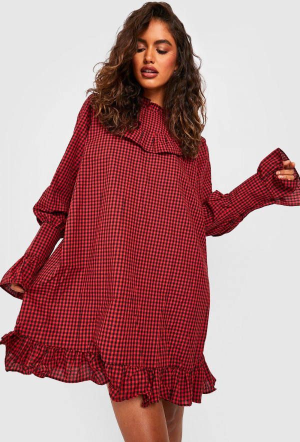 boohoo Geruite Gesmokte Jurk Met Geplooide Zoom En Hoge Hals, Red
