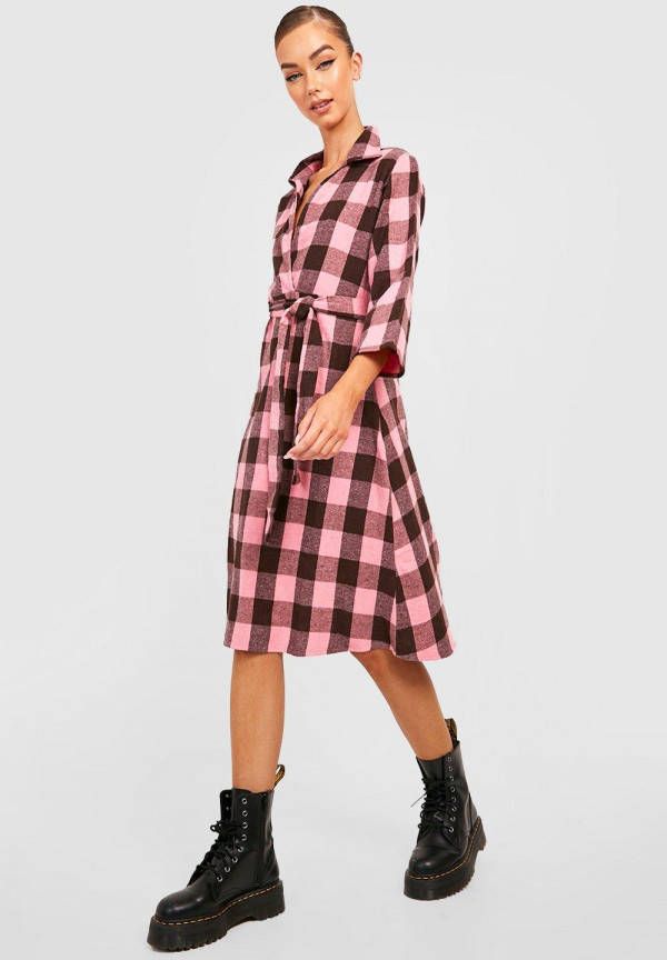 boohoo Geruite Midi Blouse Jurk, Pink