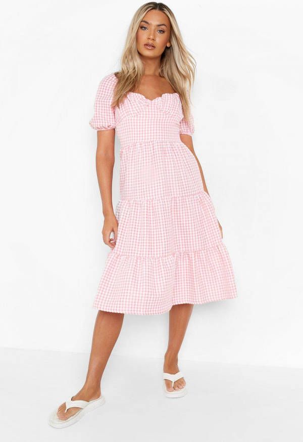 boohoo Geruite Midi Skater Jurk Met Pofmouwen En Laagjes, Pink