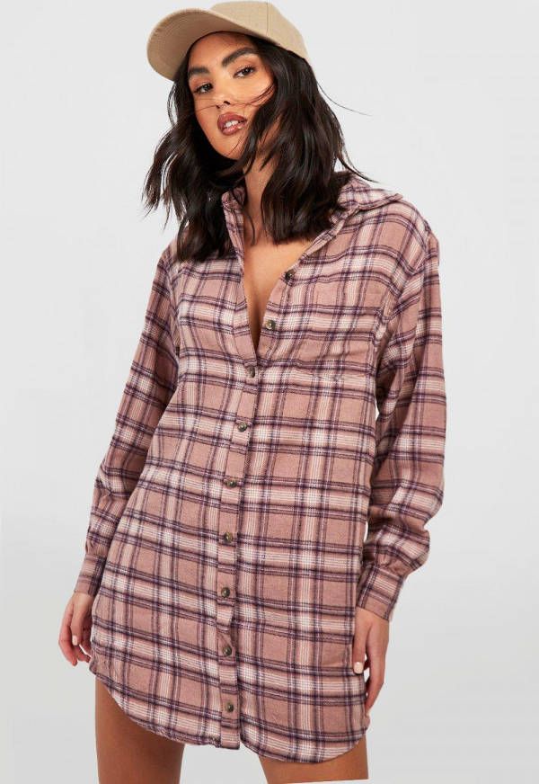 boohoo Geruite Shirt Jurk, Peach