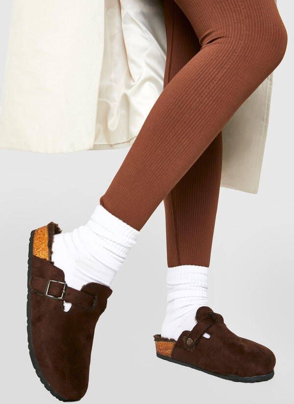 boohoo Gesloten Klompen Met Pluizige Voering, Chocolate