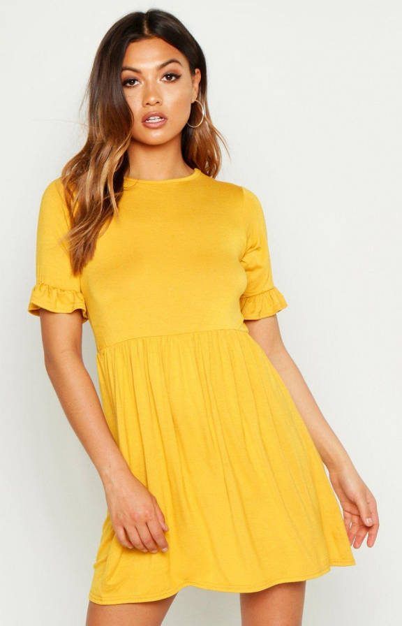 boohoo Gesmokte Jurk, Mosterd
