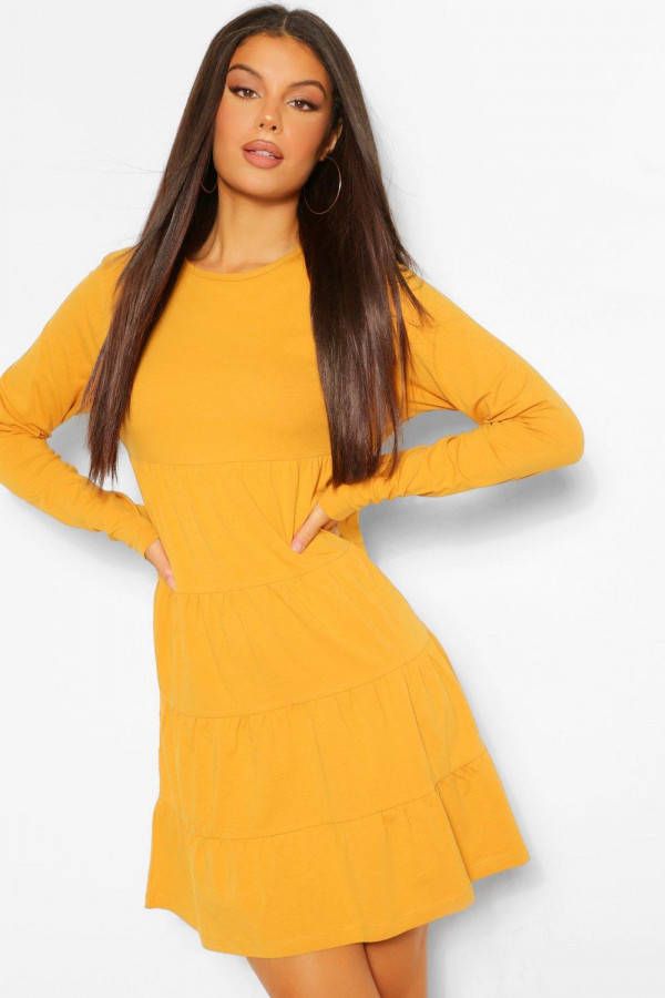 boohoo Gesmokte Jurk Met Crewneck, Laagjes En Lange Mouwen, Mustard