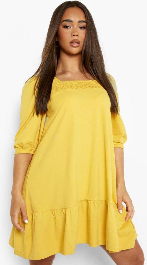 boohoo Gesmokte Jurk Met Pofmouwen En Vierkante Hals, Mustard
