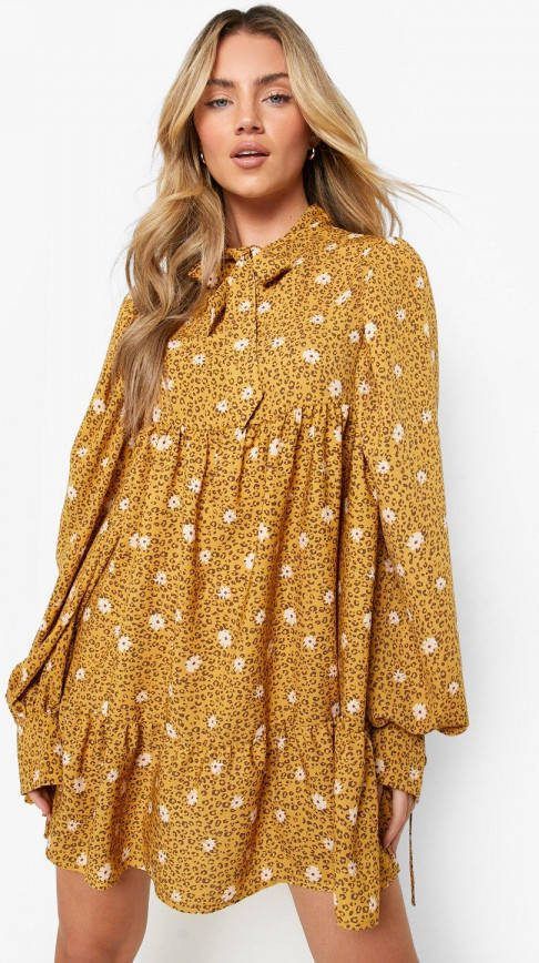 boohoo Gesmokte Mini Jurk Met Hals Strik En Geplooide Zoom, Mustard