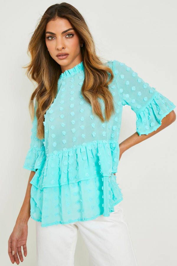 boohoo Gesmokte Top Met Franjes En Hoge Hals, Mint