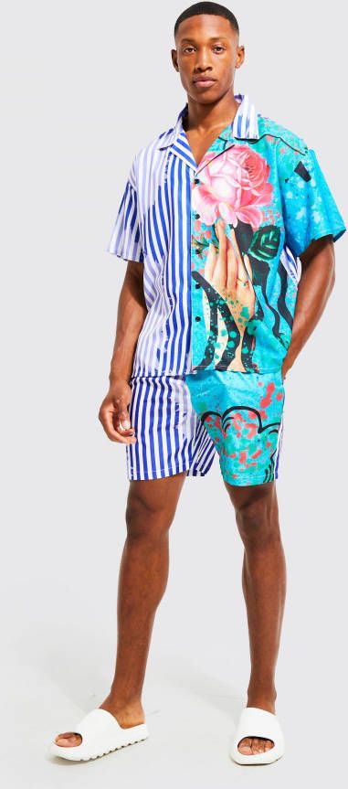 boohoo Gesplitst Gestreept Boxy Slub Overhemd En Shorts, Multi
