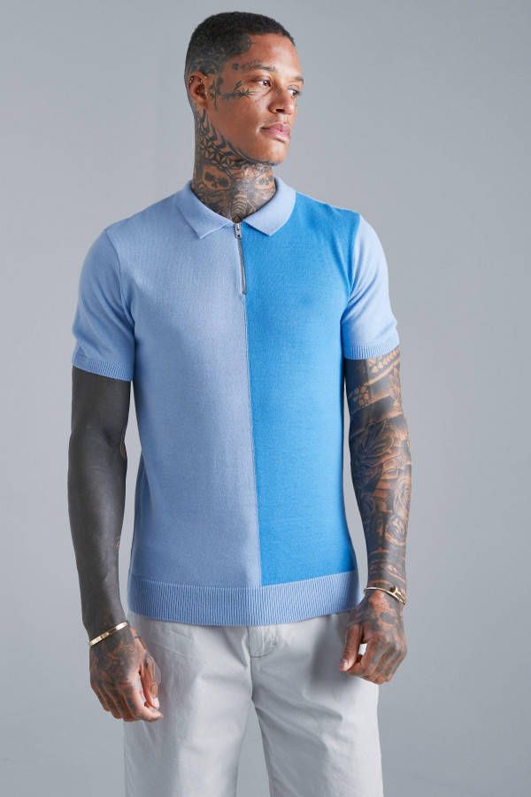 boohoo Gesplitste Gebreide Muscle Fit Polo Met Korte Mouwen, Pale Blue