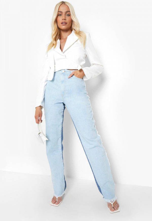 boohoo Gesplitste Spijkerbroek Met Split En Rafels, Mid Blue