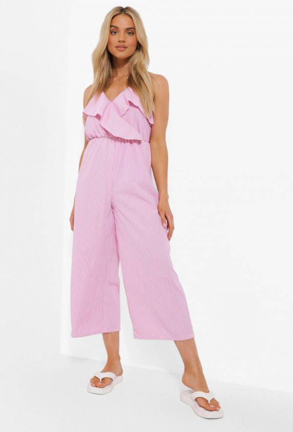 boohoo Gestreepte Cullotte Jumpsuit Met Ruches, Pink