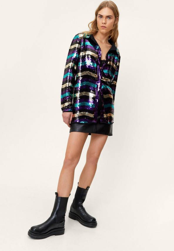 boohoo Gestreepte Glitter Doorknoop Blouse Met Pailletten, Multi