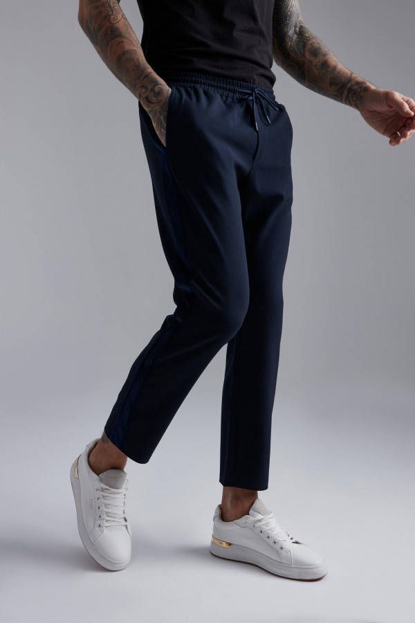 boohoo Gestreepte Ingekorte Velours Slim Fit Broek Met Joggingbroek Taille, Navy