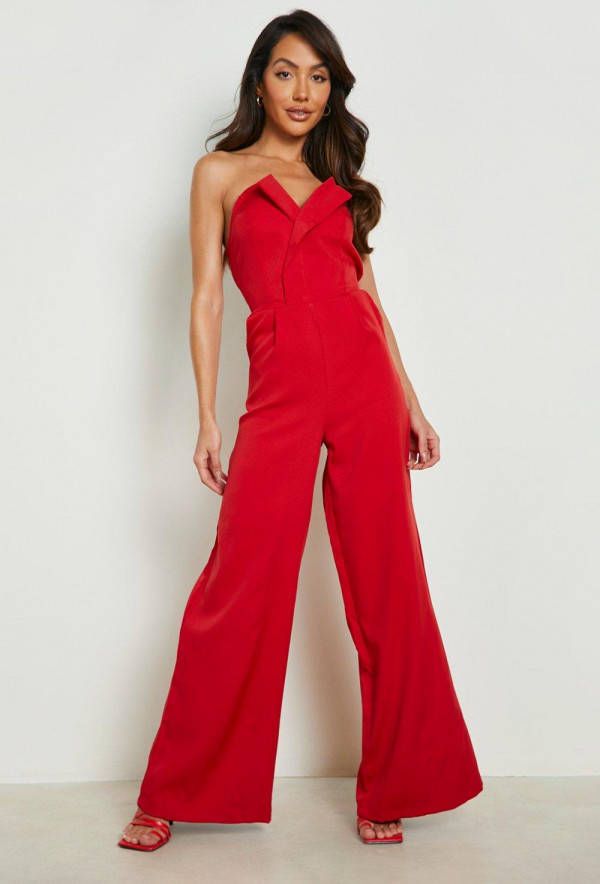 boohoo Getailleerd Strapless Wide Leg Jumpsuit, Red