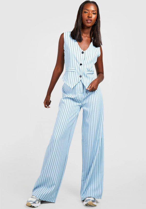 boohoo Getailleerde Baggy Broek Met Krijtstrepen, Powder Blue