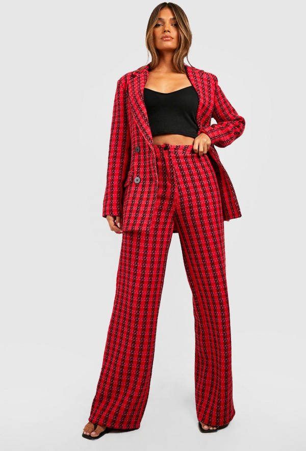 boohoo Getailleerde Bouclé, Wide Leg Broek, Red
