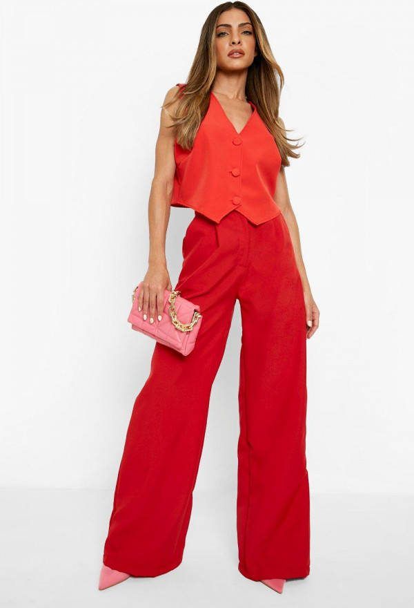 boohoo Getailleerde Geplooide Wide Leg Broek, Red