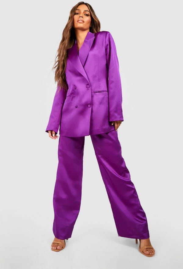 boohoo Getailleerde Satijnen Premium Wide Leg Broek, Jewel Purple