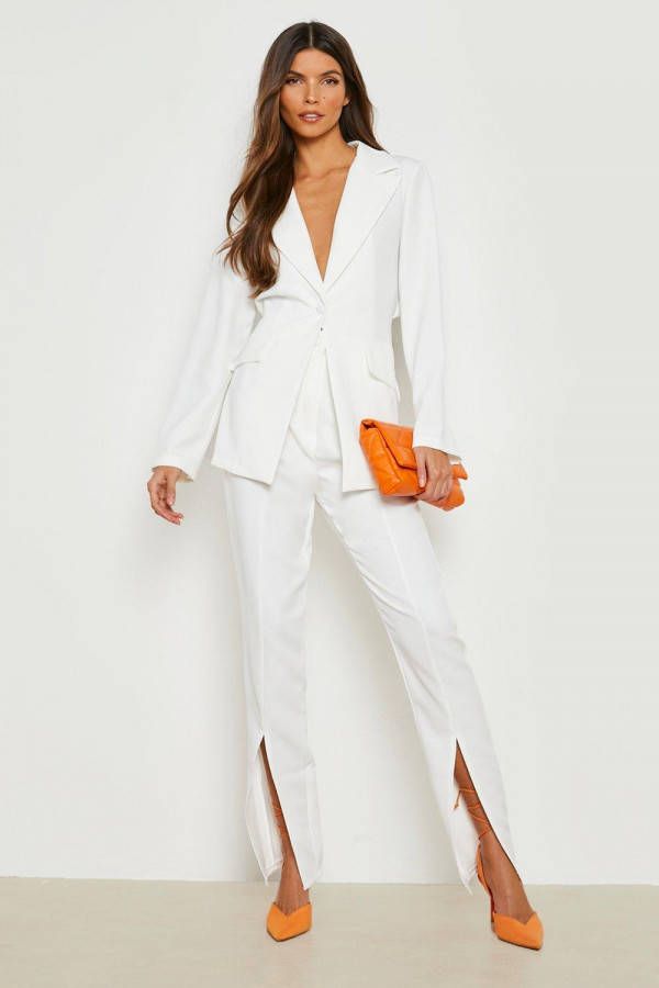 boohoo Getailleerde Slim Fit Broek Met Split, Ivory