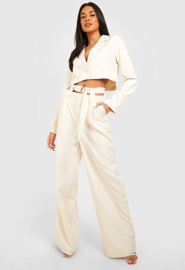 boohoo Getailleerde Wide Leg Broek Met Dubbele Taille Band En Ceintuur, Ecru