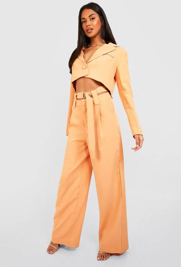 boohoo Getailleerde Wide Leg Broek Met Dubbele Taille Band En Ceintuur, Pale Orange