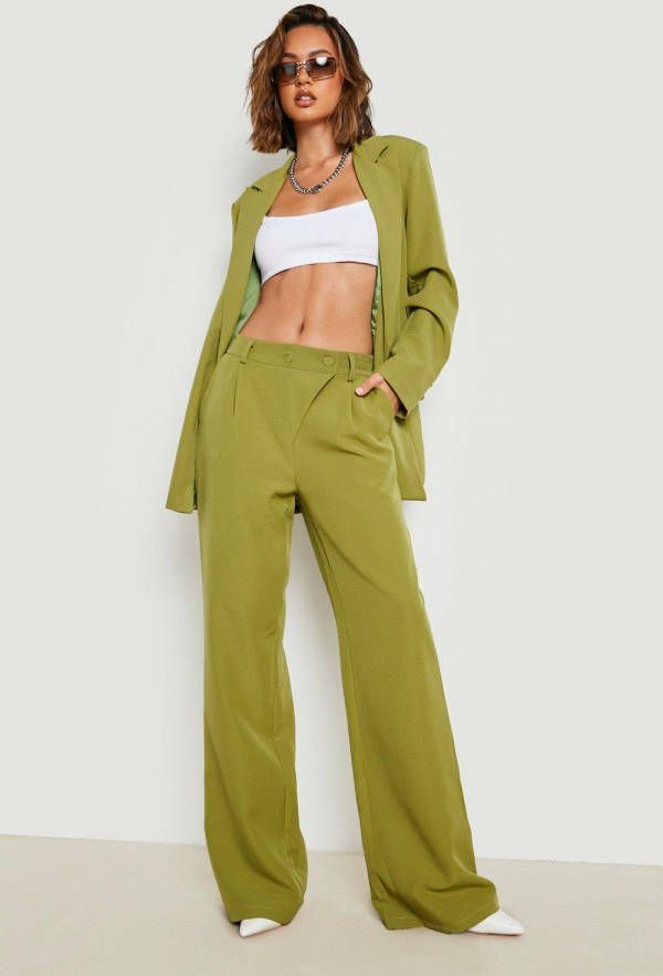 boohoo Getailleerde Wide Leg Broek Met Wikkel Taille, Olive