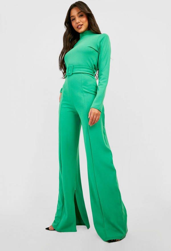 boohoo Getailleerde Wide Leg Jumpsuit Met Ceintuur, Bright Green