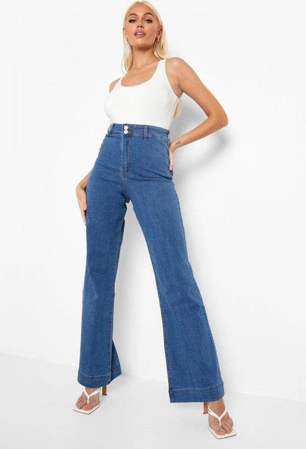 boohoo Getailleerde Wijde Stretch Spijkerbroek, Mid Blue