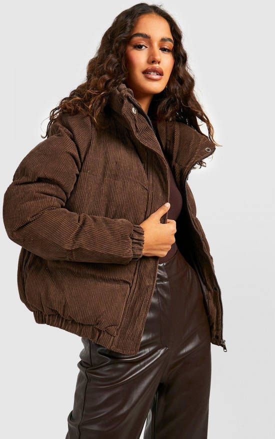 boohoo Gewatteerde Corduroy Jas Met Hoge Kraag, Chocolate