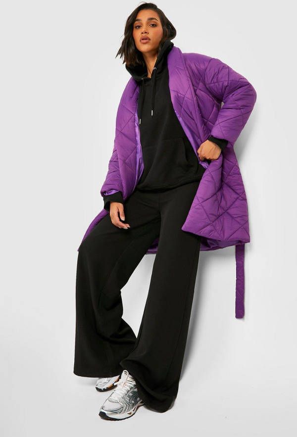 boohoo Gewatteerde Donzen Jas Met Stiksels En Ceintuur, Violet