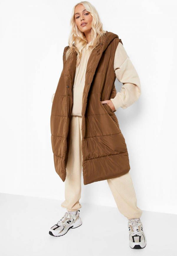 boohoo Gewatteerde Long Line Bodywarmer Met Capuchon, Mocha