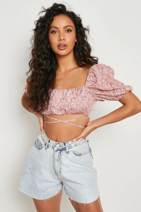 boohoo Geweven Bloemen Crop Top Met Pofmouwen En Ceintuur, Pink
