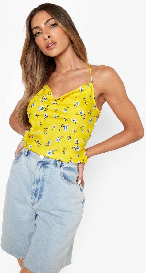 boohoo Geweven Bloemen Hemdje Met Veters, Yellow