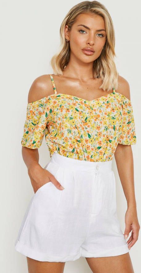 boohoo Geweven Bloemen Top Met Uitgesneden Schouders, Yellow
