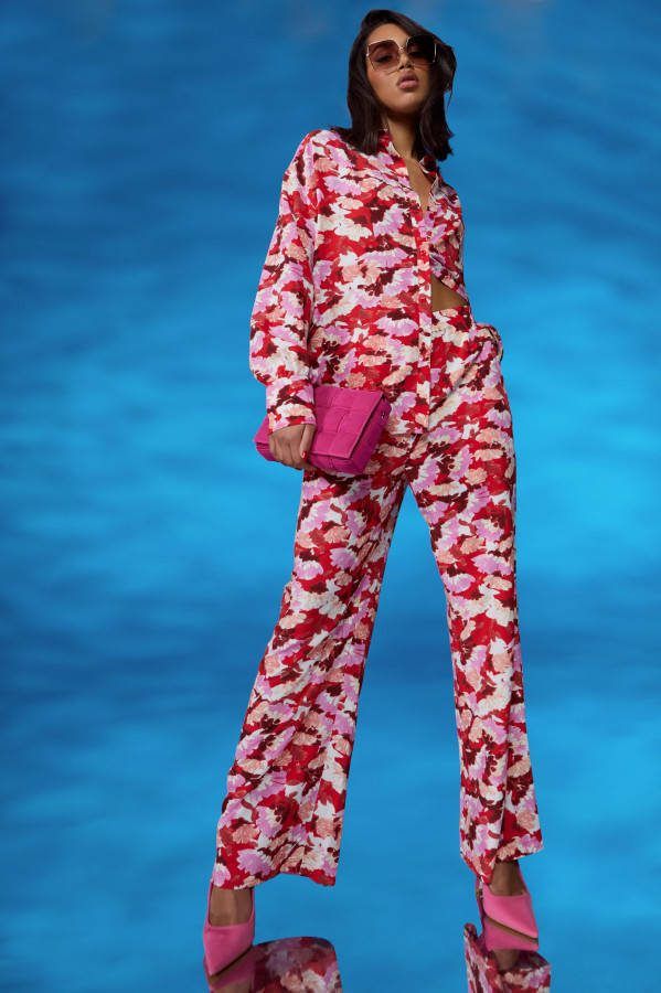boohoo Geweven Bloemen Wide Leg Broek, Red