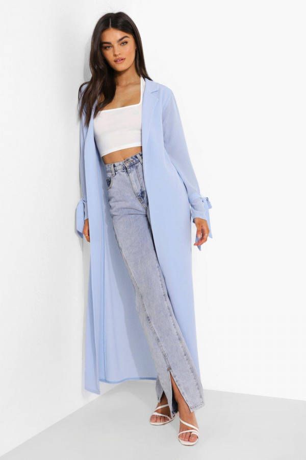 boohoo Geweven Duster Jas Met Strikjes, Powder Blue
