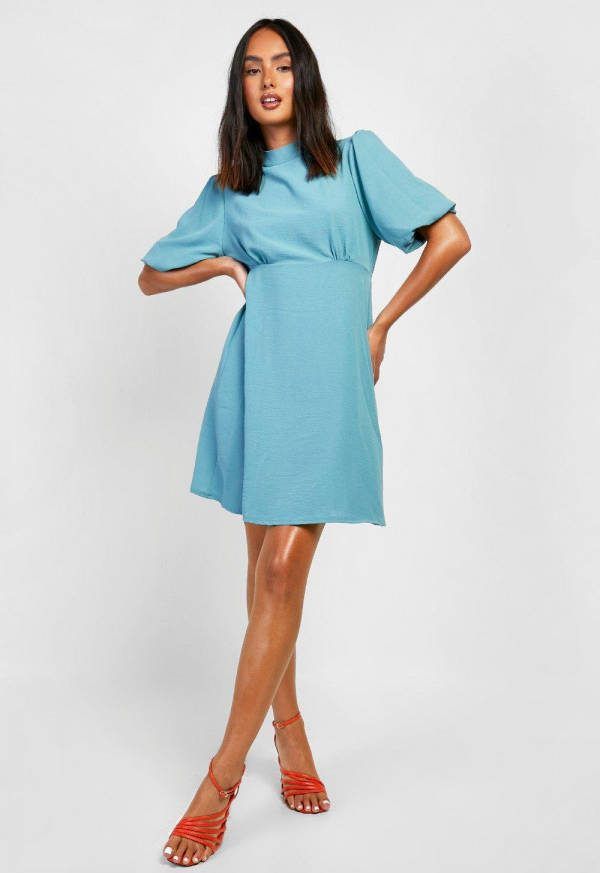 boohoo Geweven Jurk Met Pofmouwen En Hoge Hals, Teal