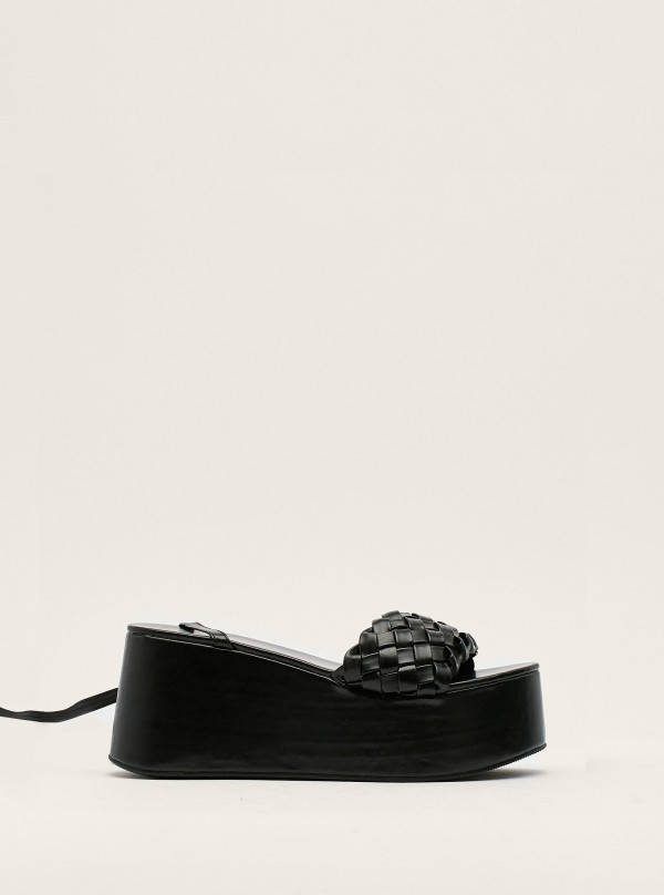 boohoo Geweven Nepleren Sleehakken Met Bandjes, Black