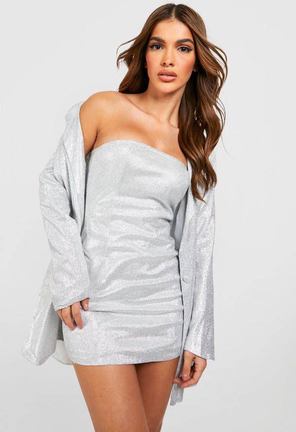 boohoo Glitter Blazer En Mini Jurk Set, Silver